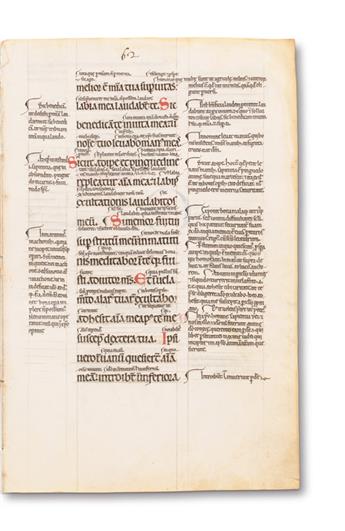 MANUSCRIPT LEAF.  Vellum leaf from glossed Psalter in Latin. France, 12th century